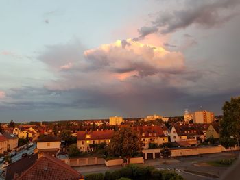 High angle view of townscape against sky at sunset