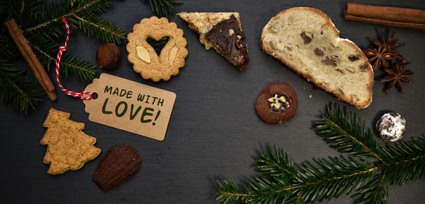 High angle view of cookies on table
