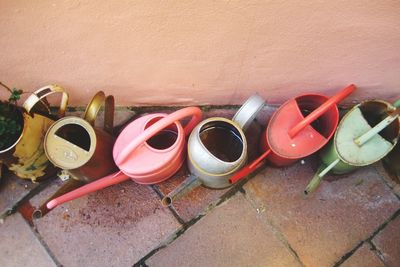 High angle view of various objects on floor against wall