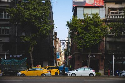 Cars on city street by buildings