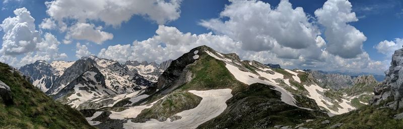 Panoramic view of mountain range against cloudy sky