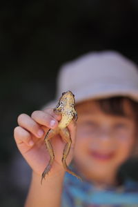 Close-up portrait of a hand holding lizard