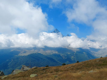 Scenic view of snowcapped mountains against sky