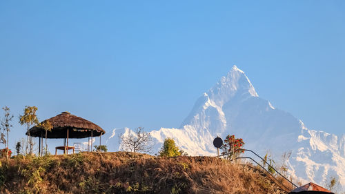 Panoramic view of traditional building against clear blue sky