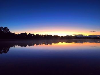 Scenic view of lake against clear sky at sunset