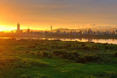 View of city at sunset