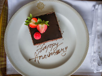 High angle view of cake in plate on table