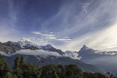 Scenic view of snow mountains against blue sky