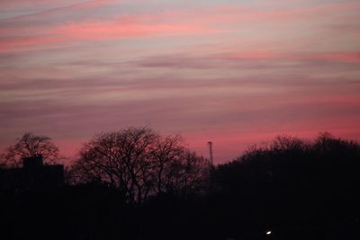 Silhouette trees against romantic sky at sunset