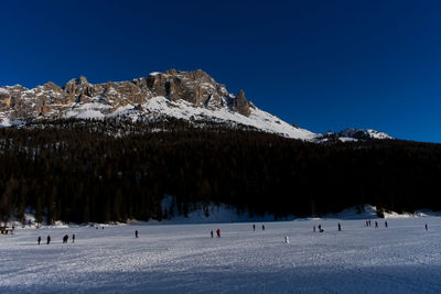 Scenic view of snowcapped mountains against clear blue sky