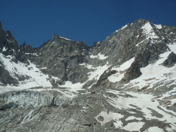 Scenic view of snowcapped mountains against clear blue sky