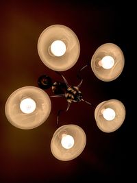 Low angle view of illuminated pendant light bulb