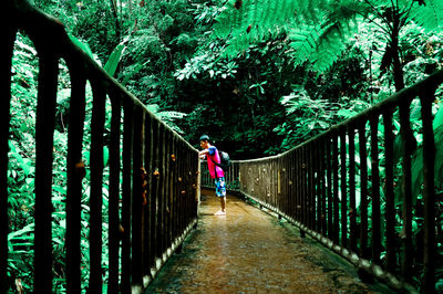 Rear view of woman on footbridge amidst trees