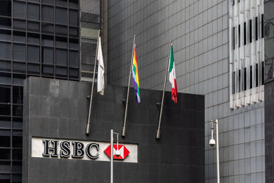 Low angle view of flag against building