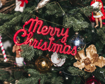 Close-up of christmas decoration hanging on tree