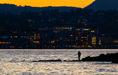 Rear view of silhouette man by sea during sunset