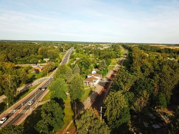 High angle view of plants and road against sky