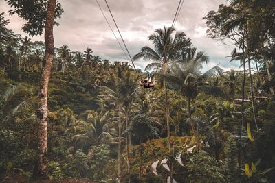 Man swinging over landscape against sky