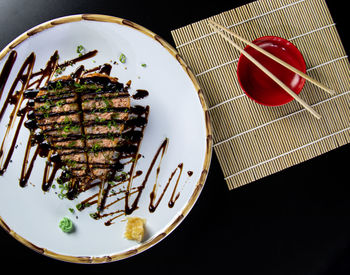 High angle view of cake in plate on table