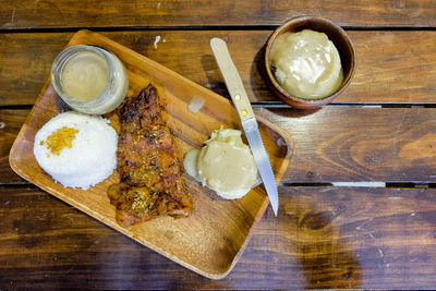 High angle view of breakfast on table
