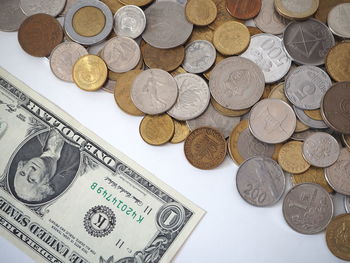 High angle view of coins on floor