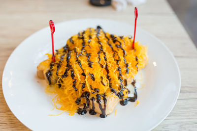 High angle view of dessert in plate on table