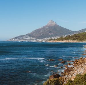 Scenic view of sea against blue sky