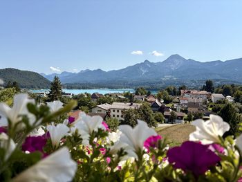 Scenic view of sea and mountains against clear sky
