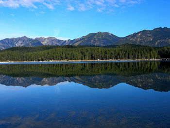 Scenic view of lake and mountains against blue sky