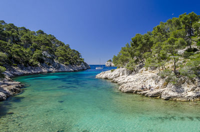 Scenic view of sea against clear blue sky