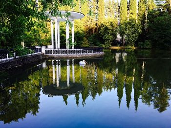 Reflection of building in pond