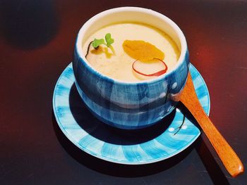 High angle view of soup in bowl on table