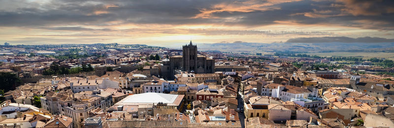 High angle view of townscape against sky during sunset