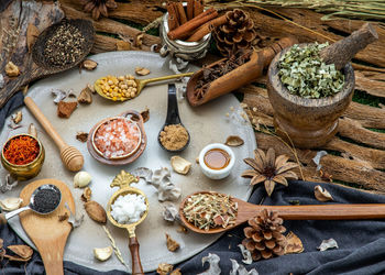 High angle view of spices on table