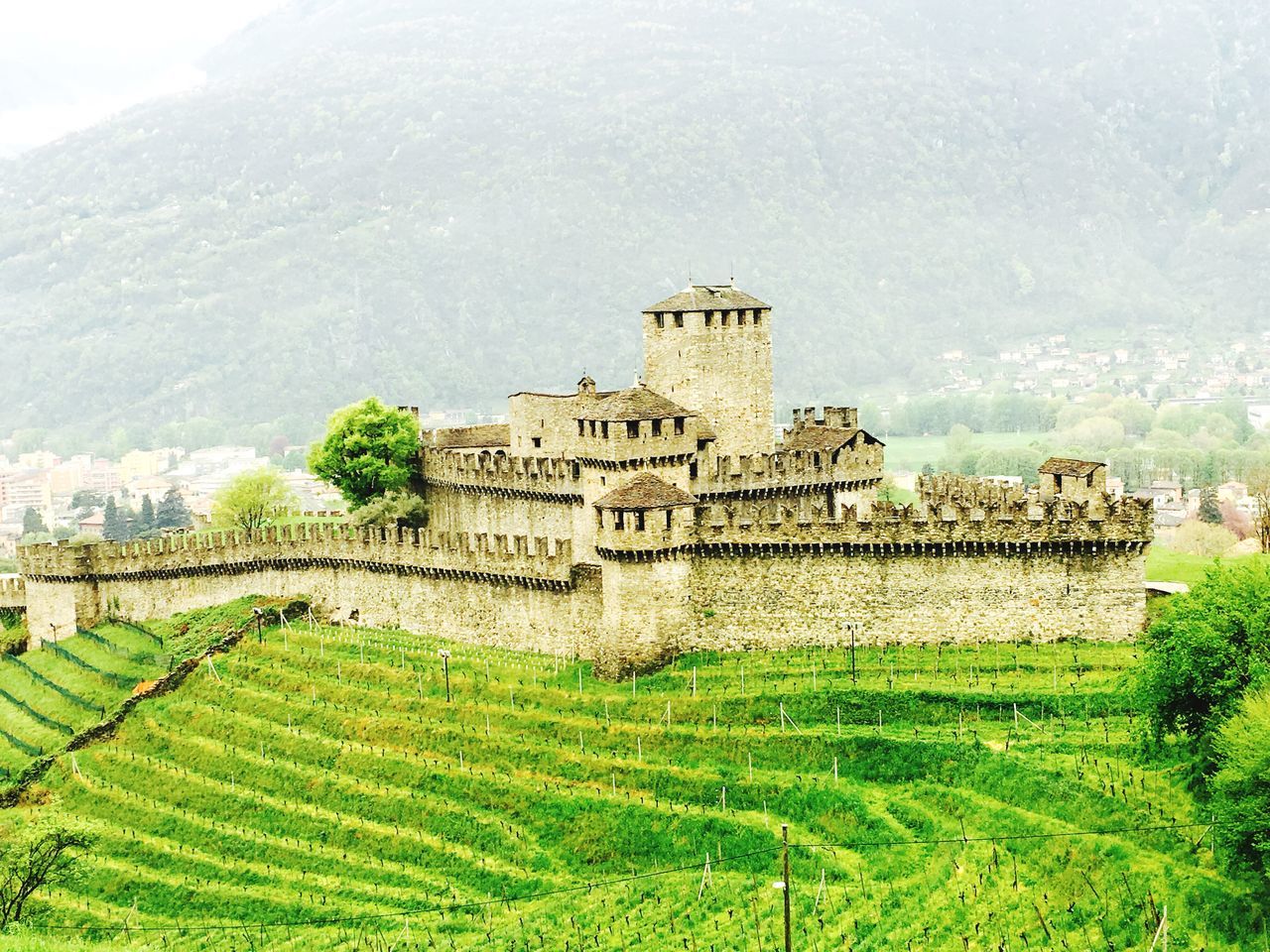 architecture, built structure, history, green color, famous place, travel destinations, sky, grass, the past, tourism, ancient, day, outdoors, landscape, nature, mountain, hill, no people, plant, tranquility, cloud - sky, scenics