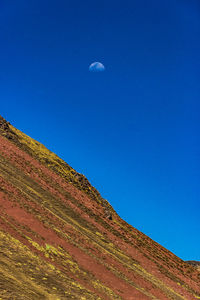 Low angle view of mountain against clear blue sky