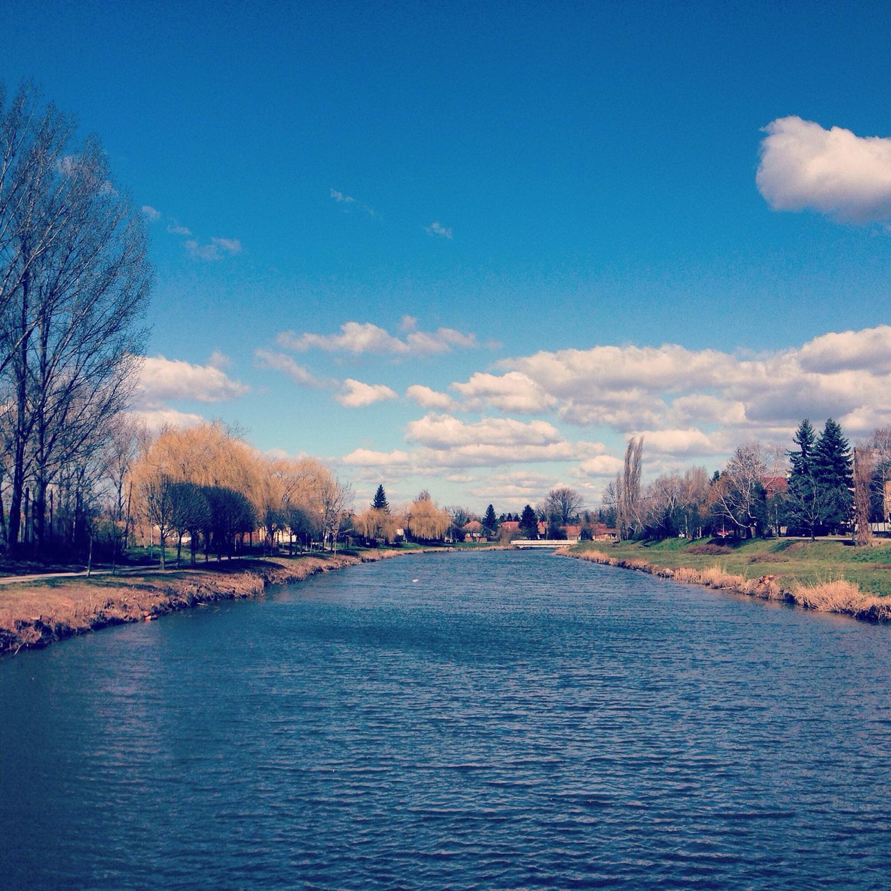 water, sky, tree, waterfront, blue, tranquil scene, tranquility, river, cloud - sky, scenics, cloud, beauty in nature, nature, rippled, the way forward, diminishing perspective, built structure, day, lake, outdoors