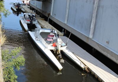 High angle view of boats moored in canal