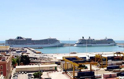 Panoramic view of city buildings against clear sky