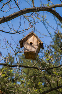 Low angle view of birdhouse hanging on tree