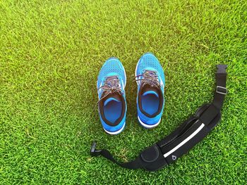 High angle view of sunglasses on field