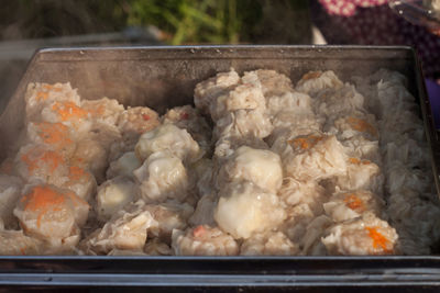 High angle view of meat in container