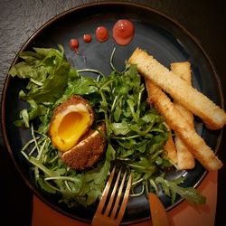 High angle view of breakfast served in plate