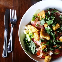 High angle view of salad in plate on table