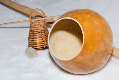 High angle view of bread in basket on table