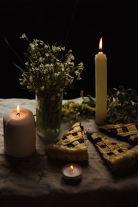 Close-up of lit candles on table