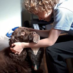 High angle view of boy with dog