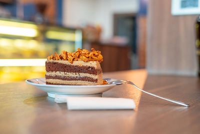 Close-up of chocolate cake on table