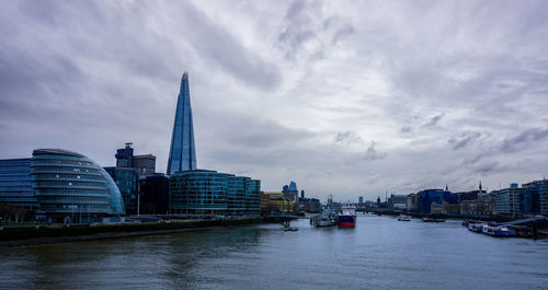 Buildings by river against cloudy sky