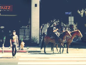 People riding horses on street in city